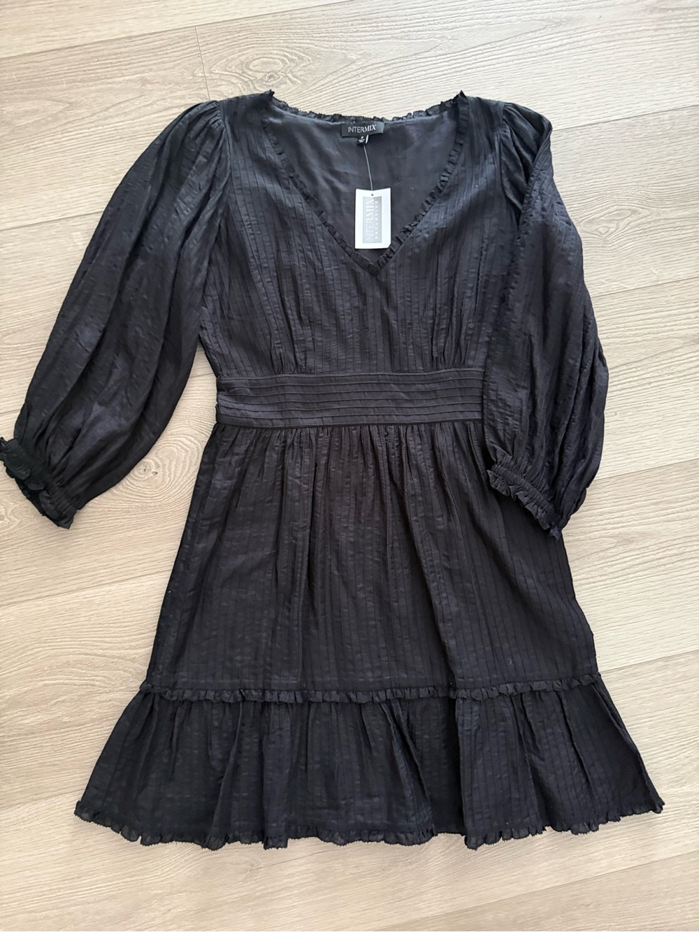 INTERMIX Black Darcy Eyelet V-Neck Tiered Mini Dress